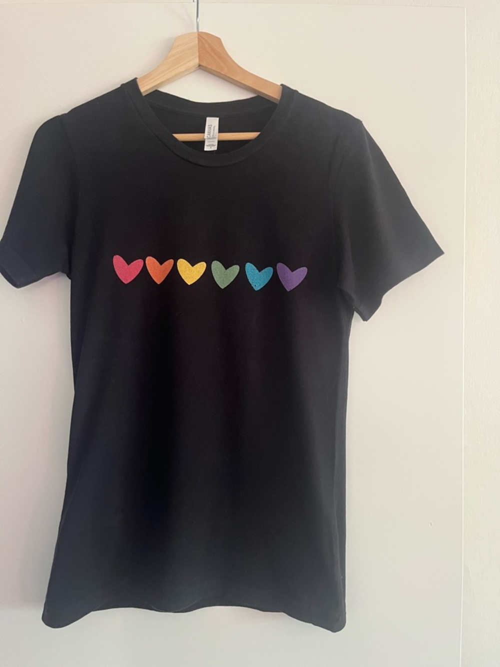 Women’s Black Tee with Rainbow Heart Row